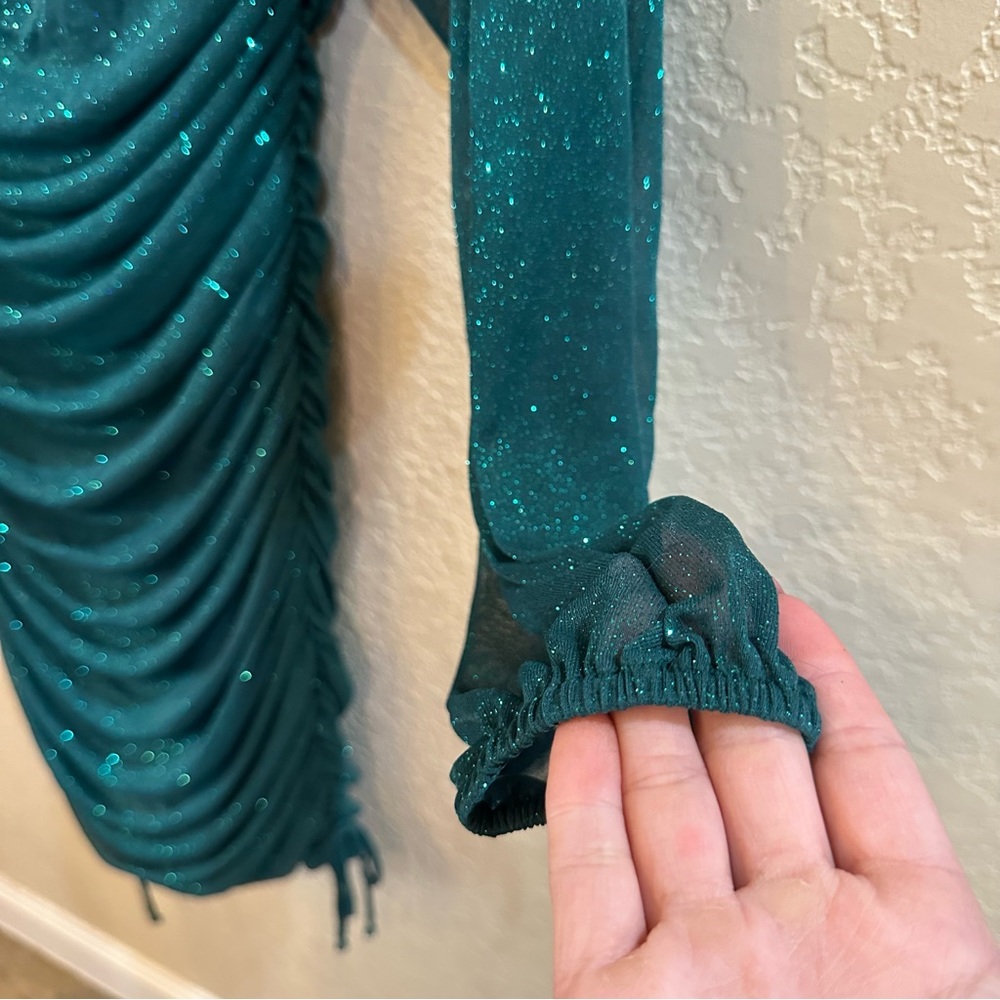 Jump Apparel XL Green Glitter Ruched Mesh Mini Bodycon Long Sleeve Holiday Dress - Picture 8 of 9